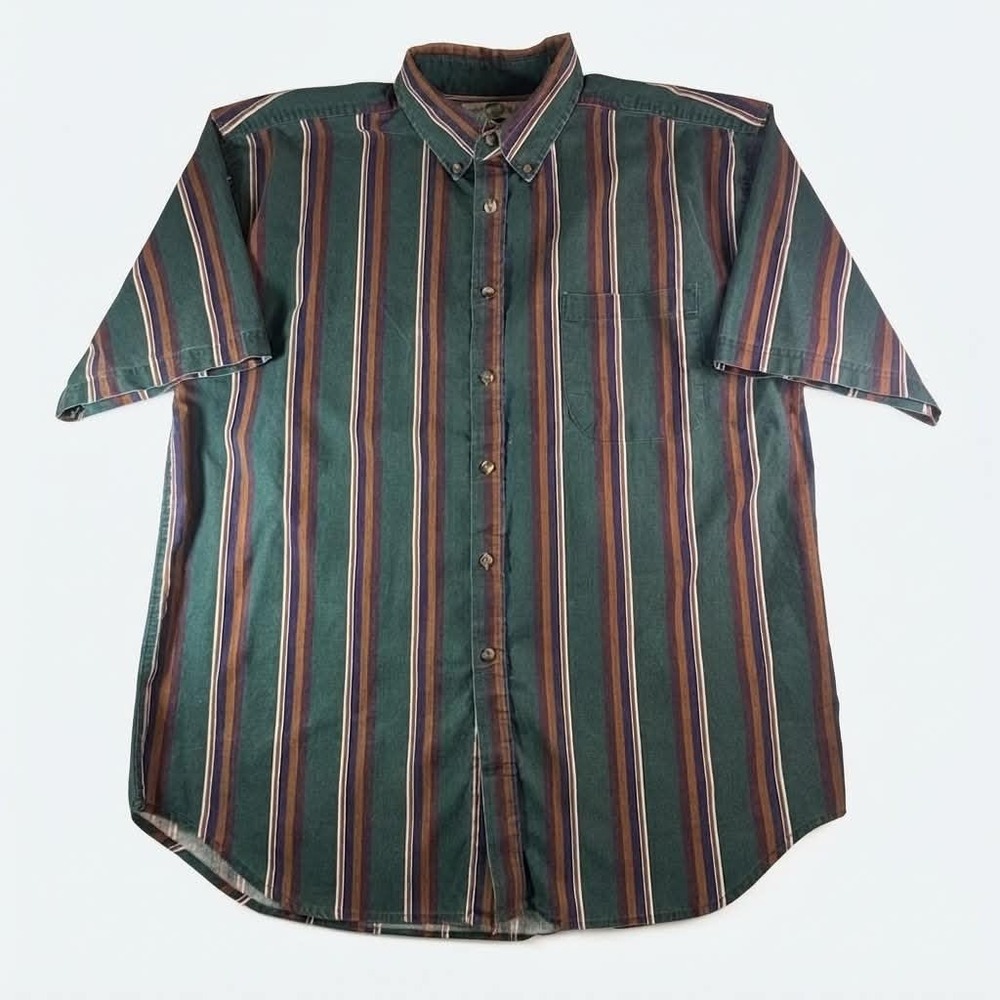 Vintage 90s World Island Shirt Mens XL Green Vertical Stripe Short Sleeve Kenya
